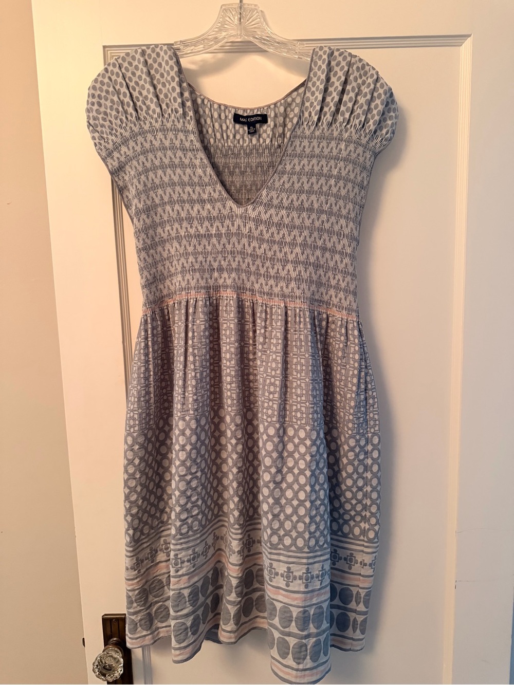 Max Edition Smocked Light Gray, Pink and Cream Patterned V-Neck Dress
